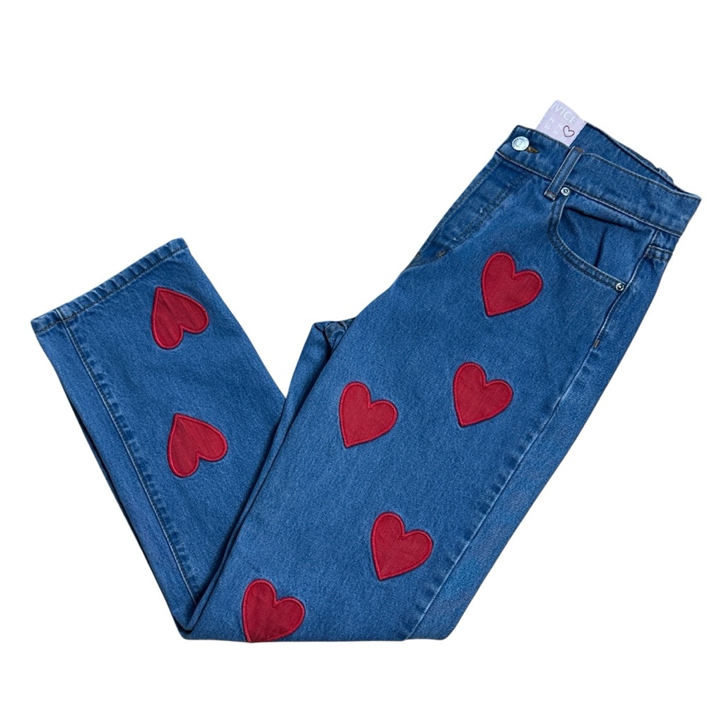 REVICE Blue Straight Leg Jeans with Red Heart Patches - Picture 8 of 8